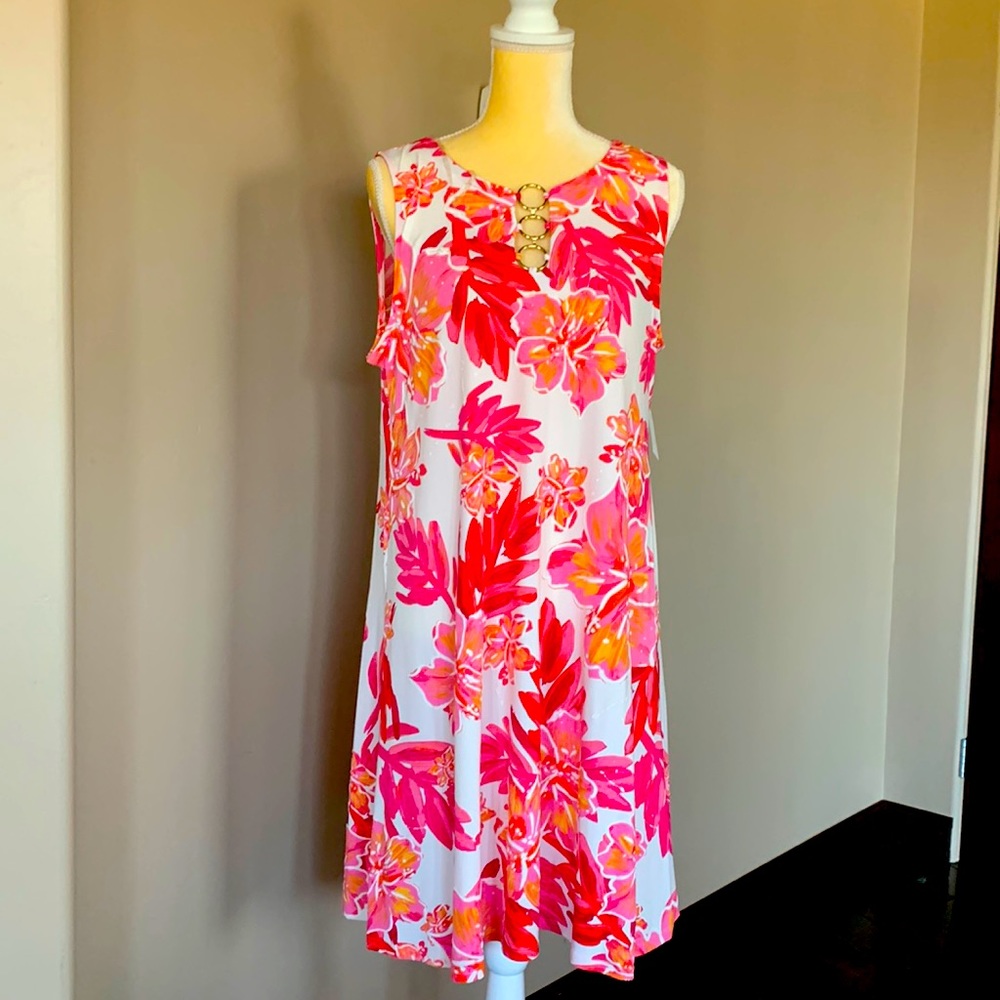 MSK NWT size Large Floral Dress in shades of pink and coral